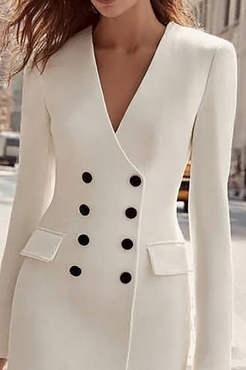 Double Breasted Sheath V-Neck Long Sleeve Ivory Work Dress